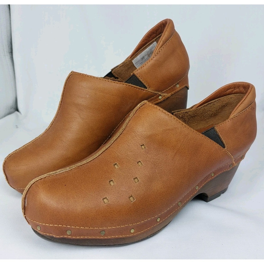 Sergio Tomani Womens Clogs Wooden‎ Sole Tan Leather Size 36 (5.5 - 6) 3" Wide